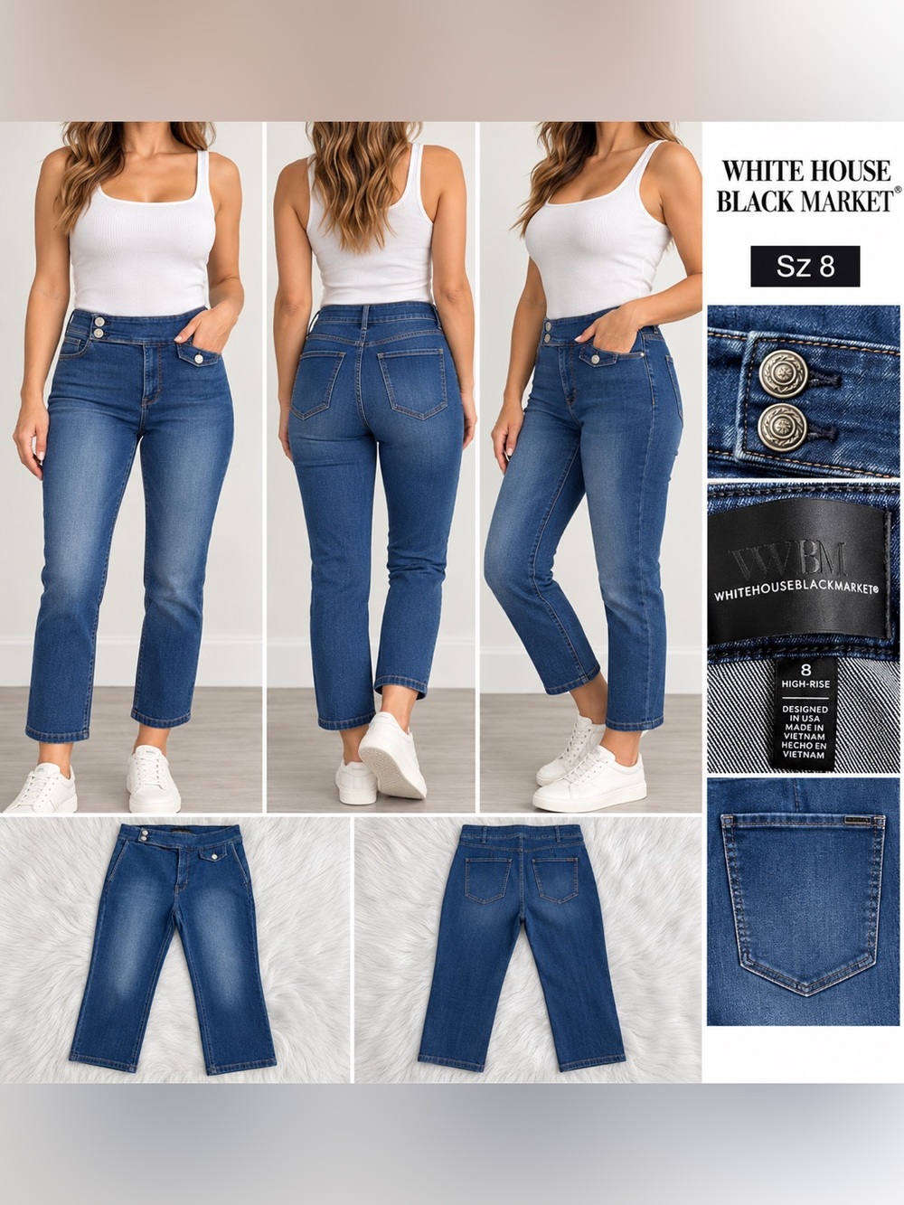 White House Black Market Mid-Blue High-Rise Cropped Straight Jeans Sz 8